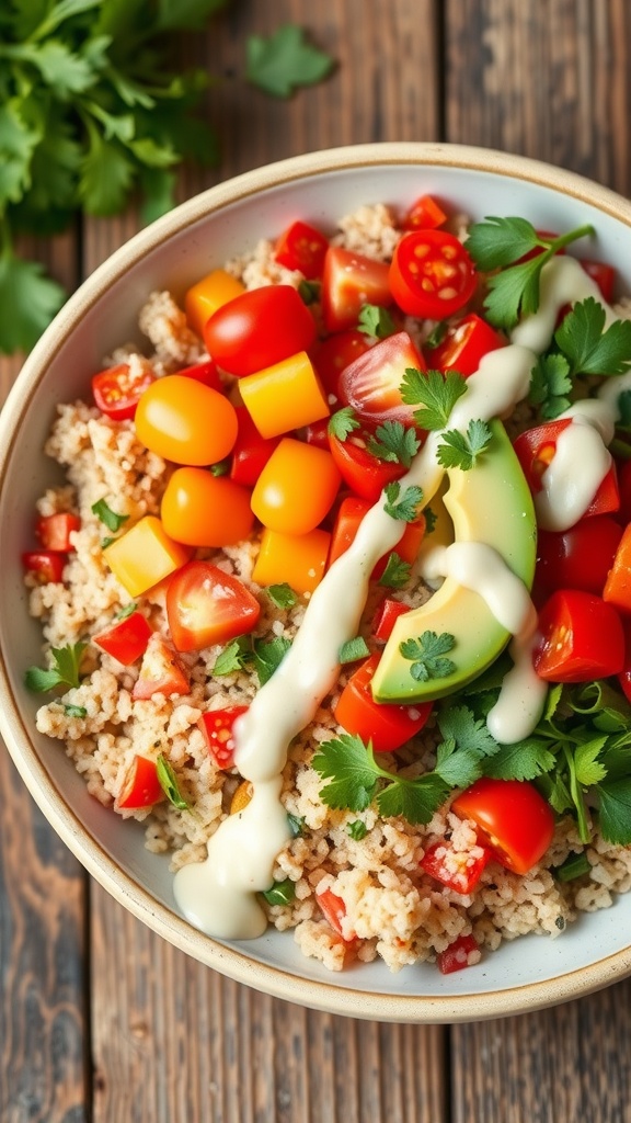 A vibrant quinoa bowl with bell peppers, tomatoes, avocado, and herbs on a wooden table.